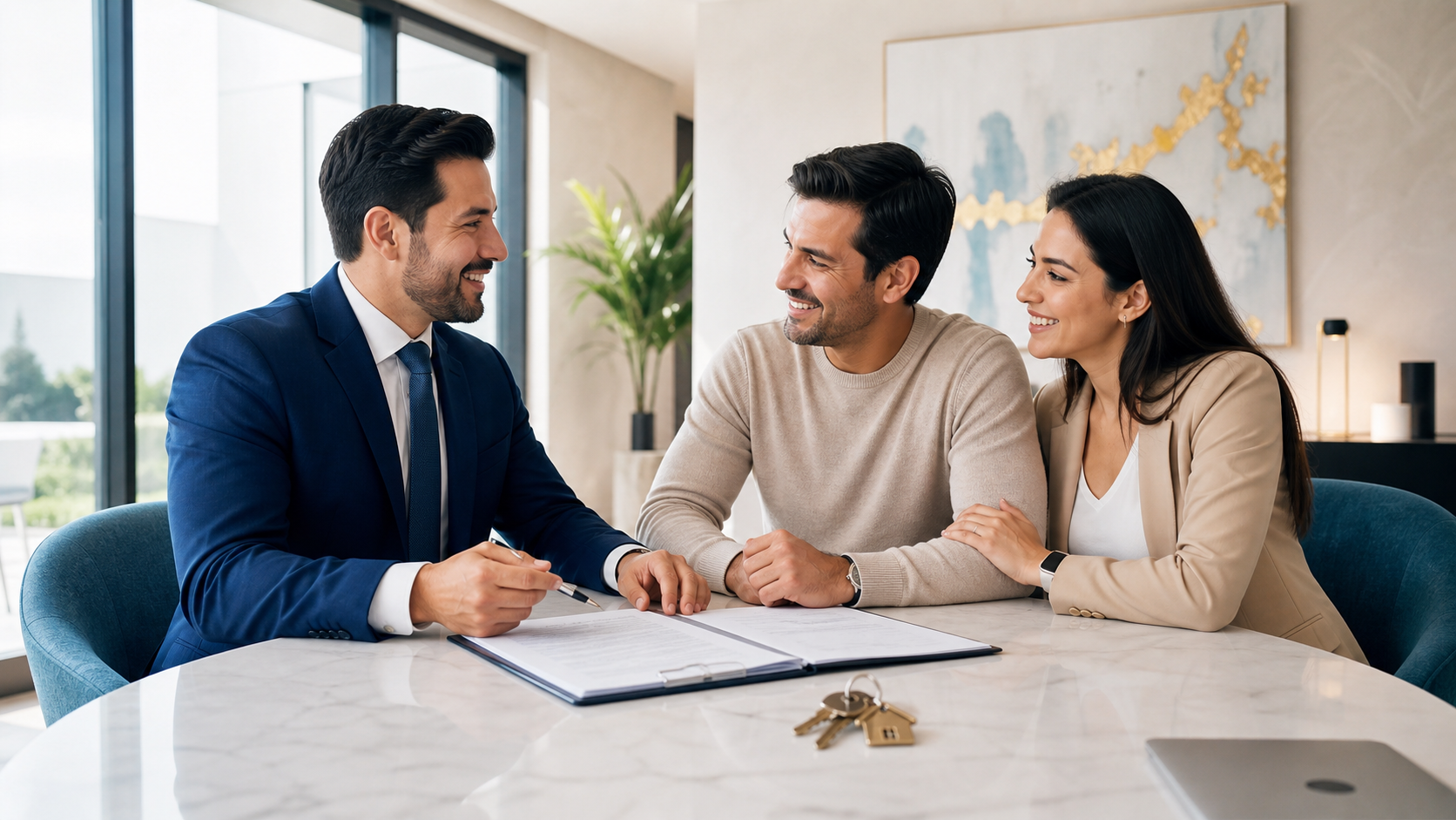 Gestor inmobiliario conversando con clientes